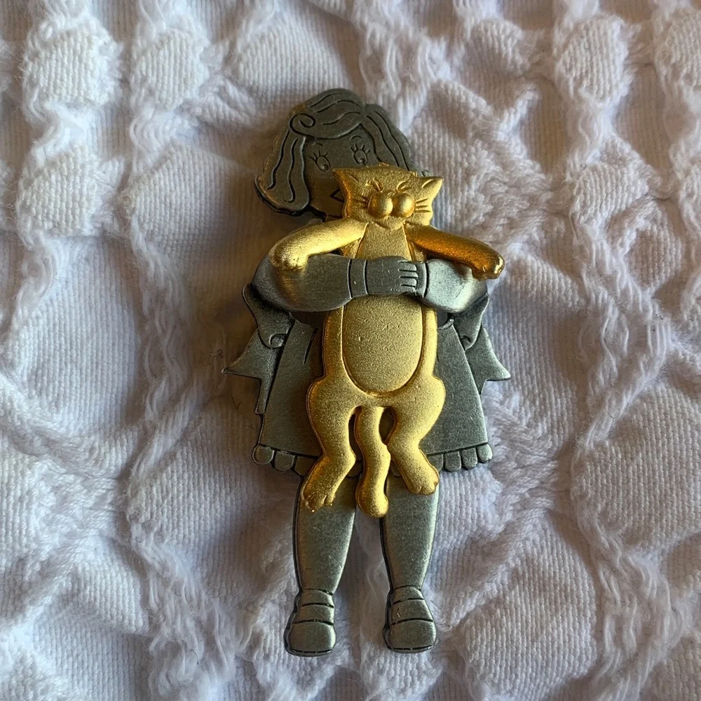 Cat Hug Girl Vintage JJ Jonette Pin - Gold & Silver Metal